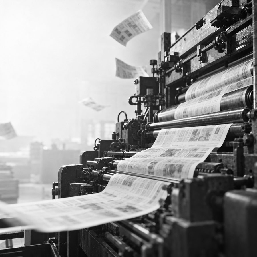 Rotativa imprimiendo periódicos, en blanco y negro.